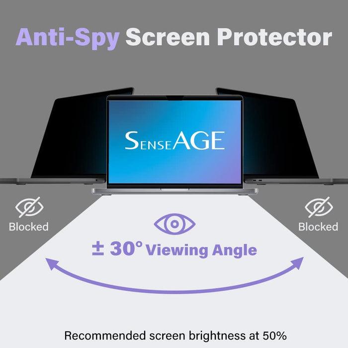 User viewing MacBook with Magnetic Privacy Screen from a side angle, illustrating the screen's effective anti-spy viewing privacy feature.