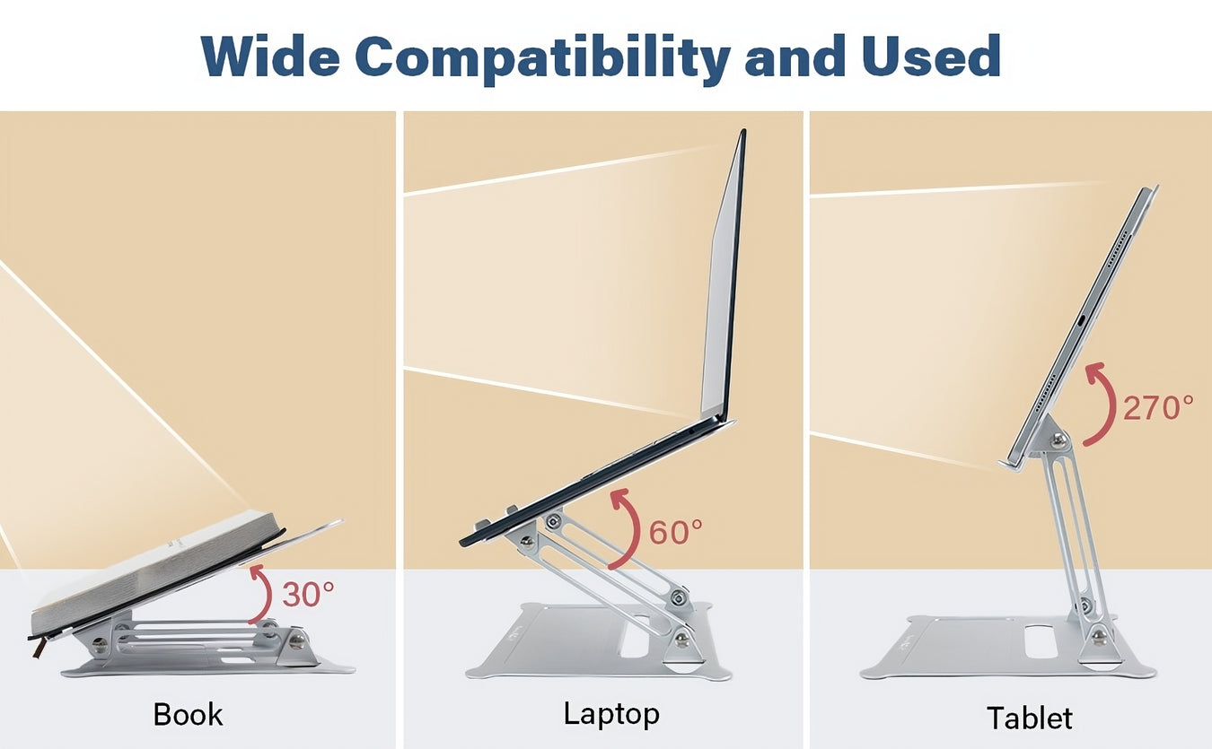Versatile Adjustable Laptop Stand supporting various devices including a laptop, tablet, and book, showcasing its wide compatibility and multi-use functionality.