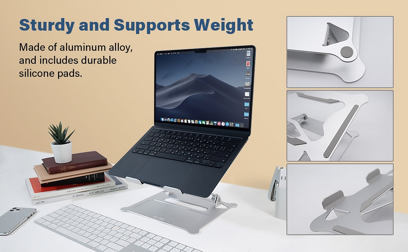 Sleek SenseAGE Adjustable Aluminum Laptop Stand effortlessly supporting a large, heavy laptop, demonstrating its sturdy and robust design.