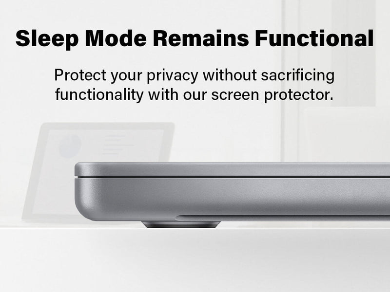 MacBook with Magnetic Privacy Screen in sleep mode, showing the screen protector's compatibility with the device's sleep functionality.