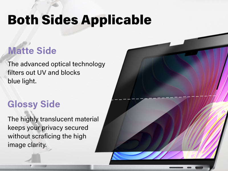 Illustration of a MacBook with a privacy screen filter showing both matte and glossy sides. The matte side description reads, 'The advanced optical technology filters out UV and blocks blue light.' The glossy side description reads, 'The highly translucent material keeps your privacy secured without sacrificing high image clarity.' The heading text reads 'Both Sides Applicable.