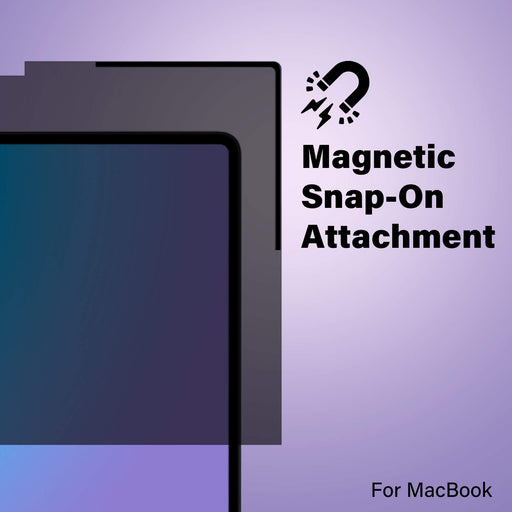 Magnetic Privacy Screen seamlessly attaching to a MacBook's screen edge, highlighting its easy snap-on magnetic feature.