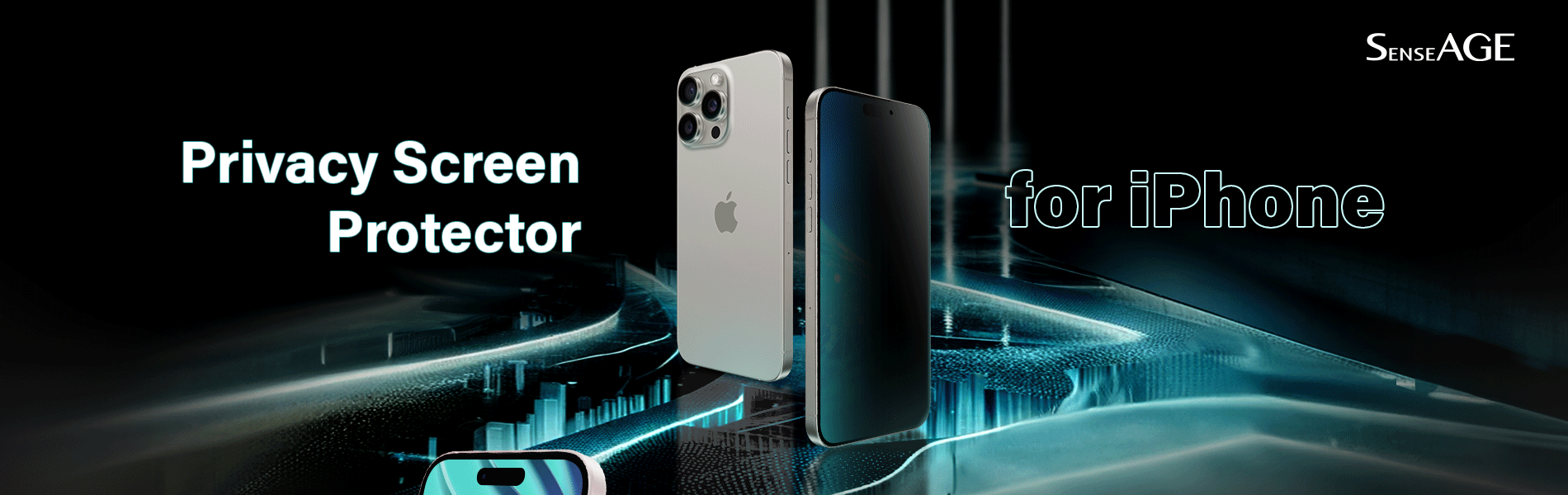 SenseAGE Privacy Screen Protector for iPhone displayed next to an iPhone with the screen protector applied. The background features a futuristic digital design with the text 'Privacy Screen Protector for iPhone' prominently displayed.
