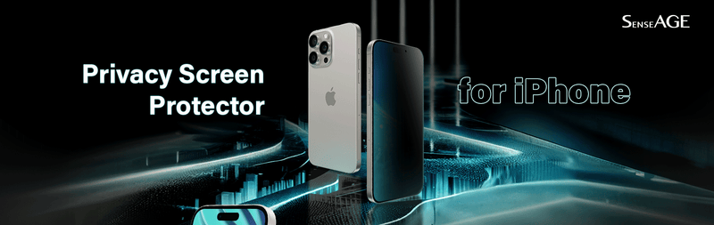 SenseAGE Privacy Screen Protector for iPhone displayed next to an iPhone with the screen protector applied. The background features a futuristic digital design with the text 'Privacy Screen Protector for iPhone' prominently displayed.