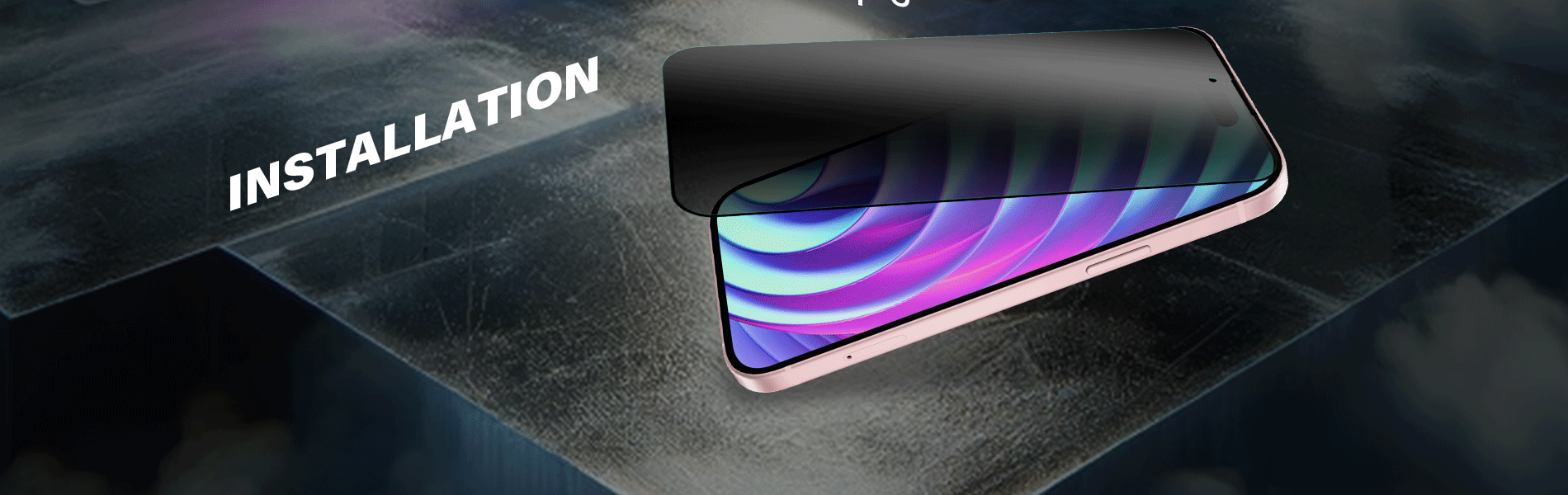 An iPhone with a partially applied SenseAGE Privacy Screen Protector, showing the installation process. The background features the word 'Installation' prominently.