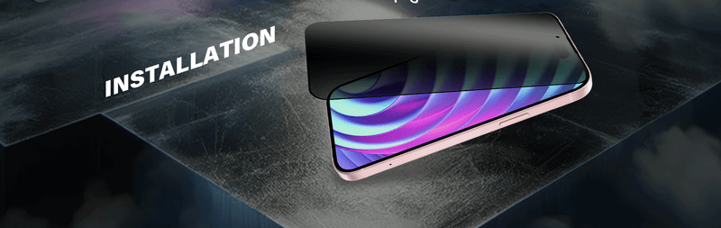 An iPhone with a partially applied SenseAGE Privacy Screen Protector, showing the installation process. The background features the word 'Installation' prominently.