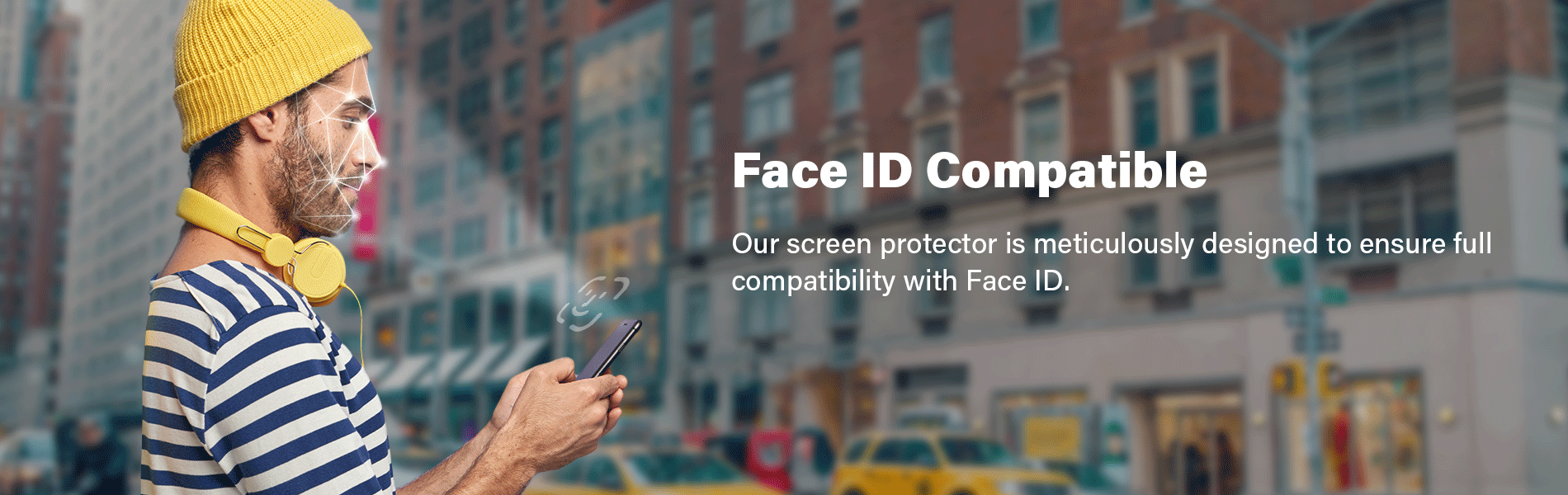A person wearing a yellow beanie and yellow headphones uses Face ID to unlock their iPhone. The text reads 'Face ID Compatible' and 'Our screen protector is meticulously designed to ensure full compatibility with Face ID.