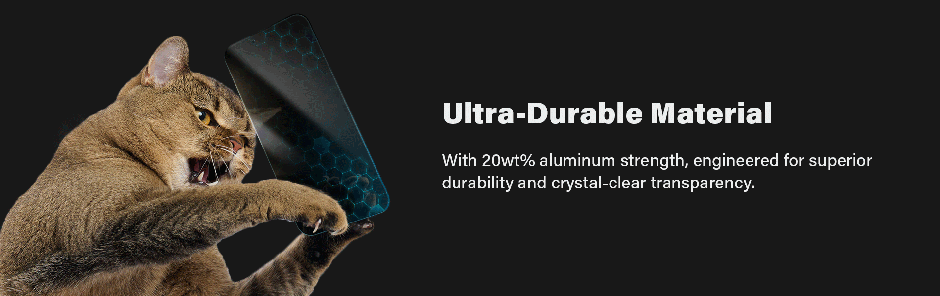 A cat attempting to scratch a SenseAGE screen protector, demonstrating its durability. The text reads 'Ultra-Durable Material' and 'With 20wt% aluminum strength, engineered for superior durability and crystal-clear transparency.'