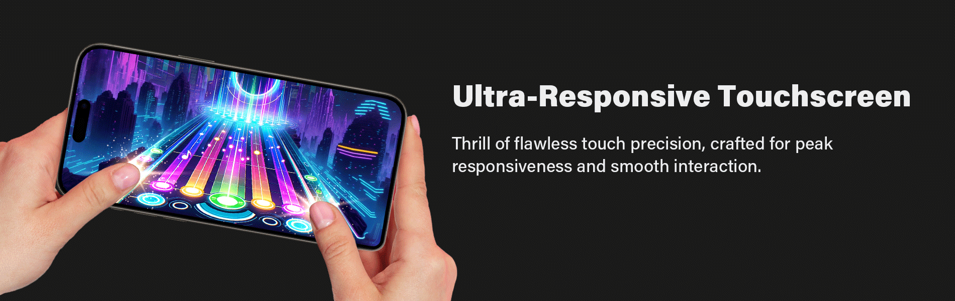 Hands holding an iPhone and playing a vibrant, colorful game to demonstrate the SenseAGE screen protector's ultra-responsive touchscreen. The text reads 'Ultra-Responsive Touchscreen' and 'Thrill of flawless touch precision, crafted for peak responsiveness and smooth interaction.