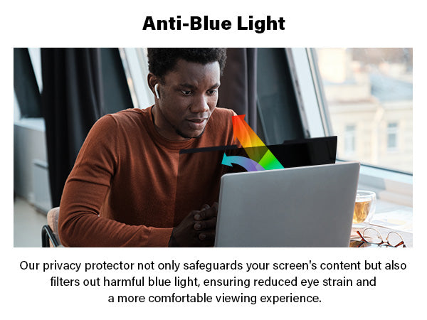 A person working on a laptop with a diagram illustrating the privacy protector blocking blue light. The text reads 'Anti-Blue Light' and explains that the privacy protector safeguards screen content, filters out harmful blue light, reduces eye strain, and ensures a more comfortable viewing experience.