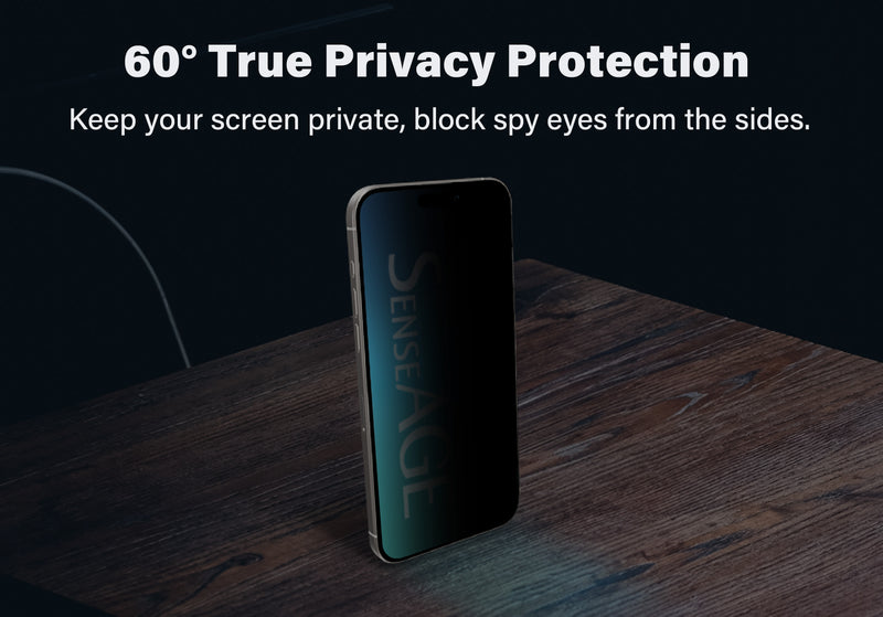 An iPhone with a SenseAGE privacy screen protector, viewed from an angle that shows the screen darkened for privacy. The text reads '60° True Privacy Protection' and 'Keep your screen private, block spy eyes from the sides.