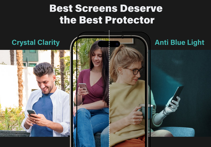 Three people using their phones with a central image of a phone screen divided into two halves. The left side labeled 'Crystal Clarity' shows a clear screen, while the right side labeled 'Anti Blue Light' shows a screen with blue light protection. The text at the top reads 'Best Screens Deserve the Best Protector.