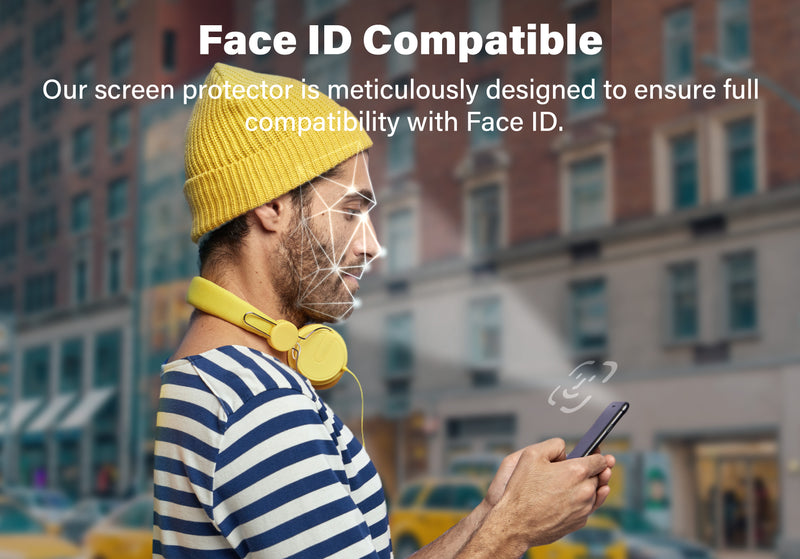 A person wearing a yellow beanie and yellow headphones uses Face ID to unlock their iPhone. The text reads 'Face ID Compatible' and 'Our screen protector is meticulously designed to ensure full compatibility with Face ID.