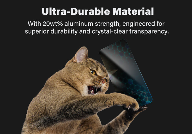 A cat attempting to scratch a SenseAGE screen protector, demonstrating its durability. The text reads 'Ultra-Durable Material' and 'With 20wt% aluminum strength, engineered for superior durability and crystal-clear transparency.'
