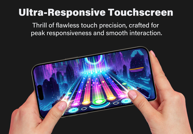 Hands holding an iPhone and playing a vibrant, colorful game to demonstrate the SenseAGE screen protector's ultra-responsive touchscreen. The text reads 'Ultra-Responsive Touchscreen' and 'Thrill of flawless touch precision, crafted for peak responsiveness and smooth interaction.