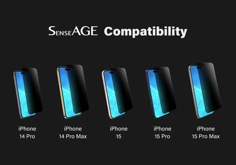 SenseAGE Compatibility chart showing privacy screen protectors for different iPhone models. From left to right: iPhone 14 Pro, iPhone 14 Pro Max, iPhone 15, iPhone 15 Pro, and iPhone 15 Pro Max. Each model is depicted with a privacy screen protector partially applied.