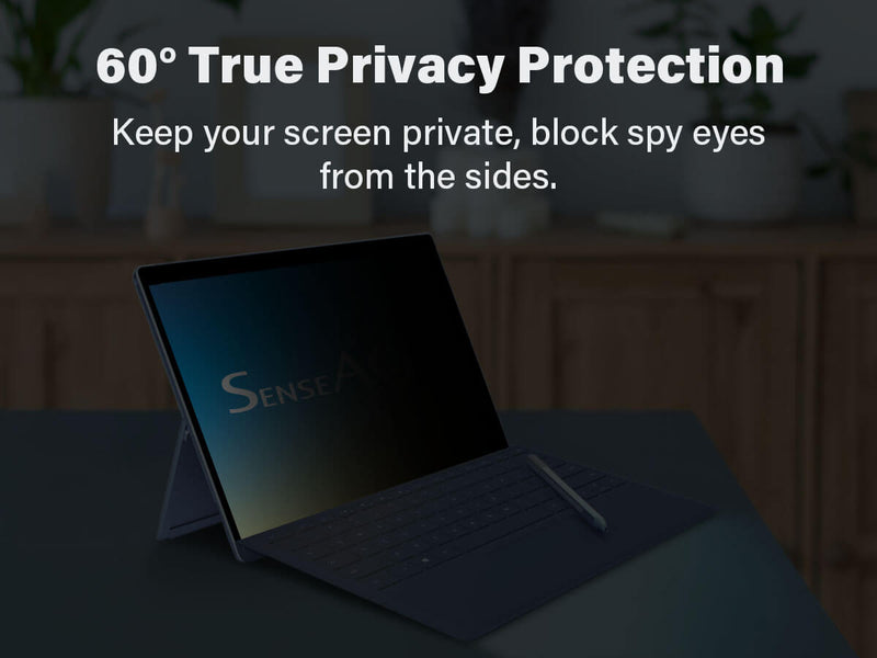 Microsoft Surface Pro with magnetic privacy screen shielded from side view.