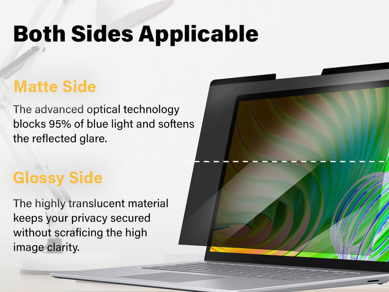 Side angle view of Microsoft Surface Laptop 13.5 inch showcasing the reduced visibility due to the privacy screen.