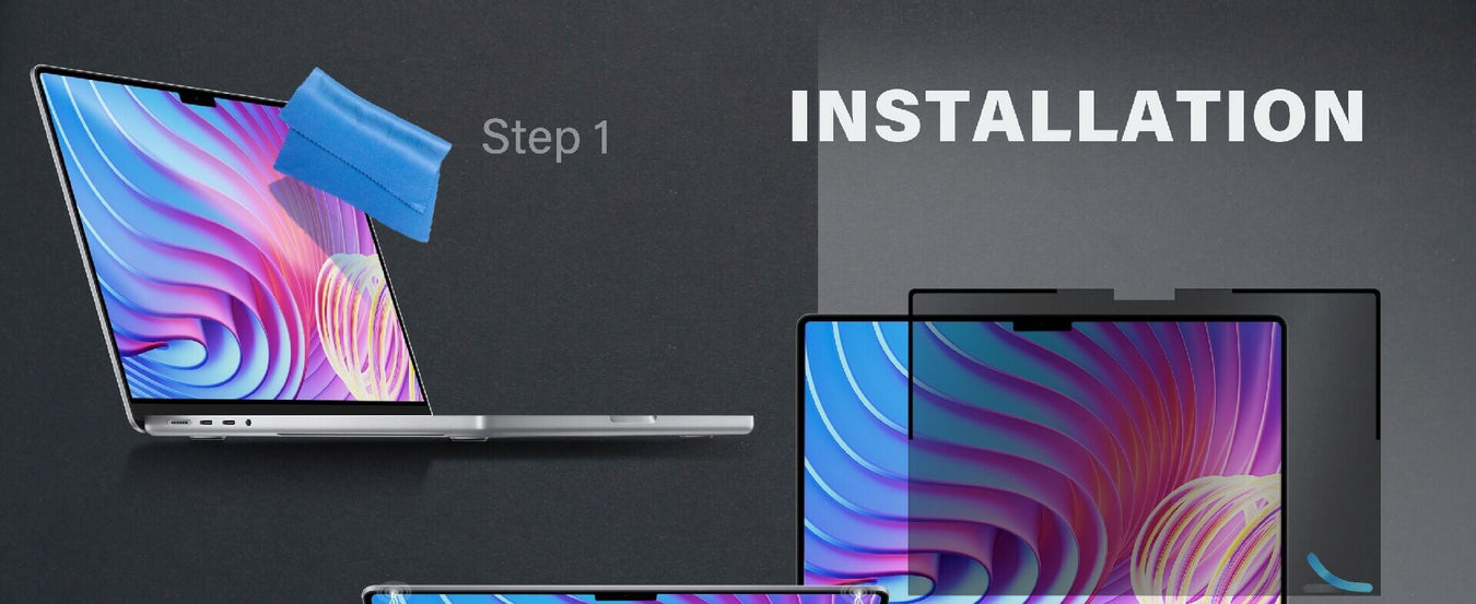 Step-by-step illustration of attaching Magnetic Privacy Screen to MacBook Pro.