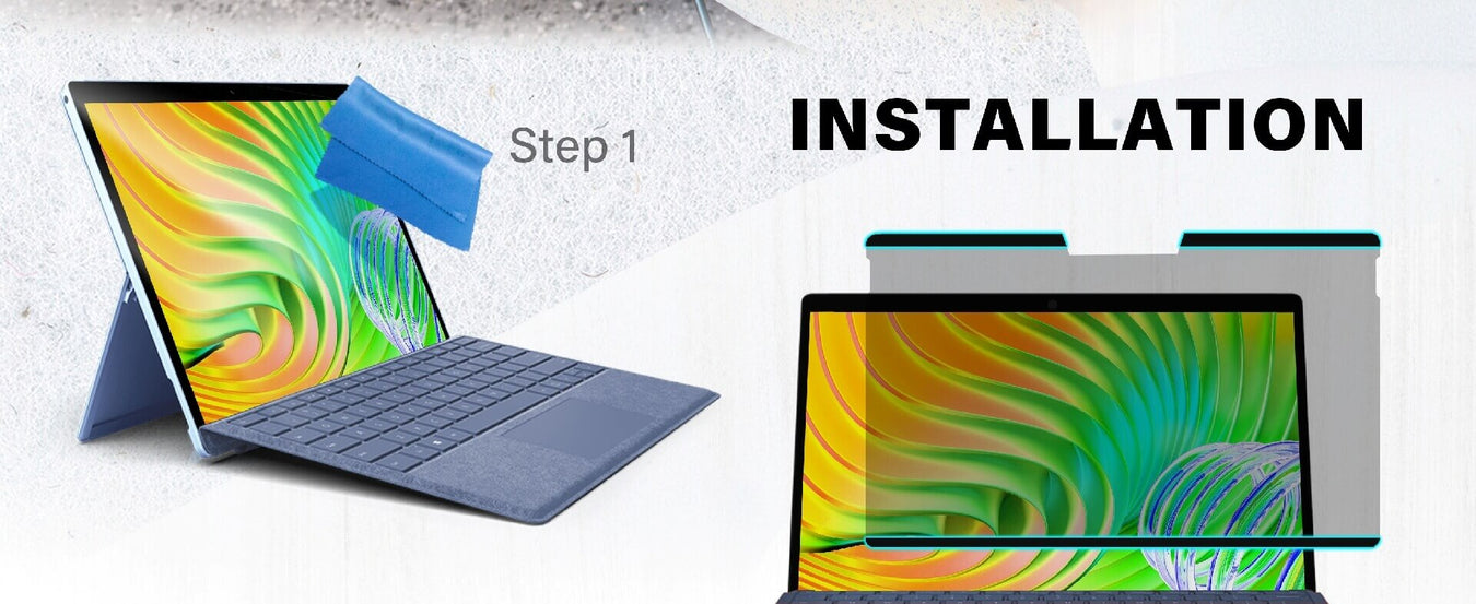 Illustration showing how the Magnetic Privacy Screen works on Surface Pro, first step. 