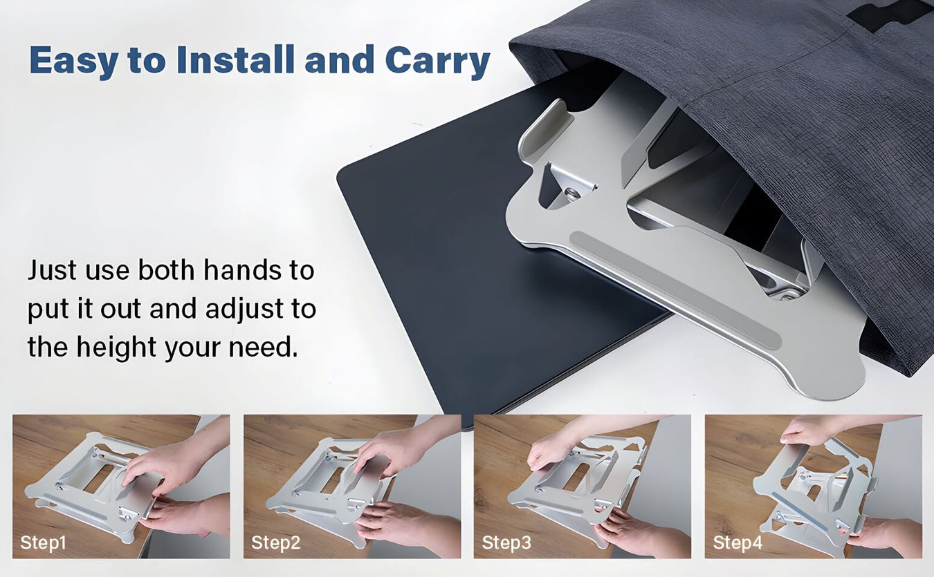 Aluminum Laptop Stand being easily set up and folded, highlighting its simple installation and portability for on-the-go use.