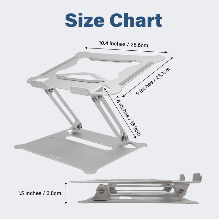 Graphic showing the SenseAGE Laptop Stand with annotated dimensions, highlighting its compact and space-efficient design.