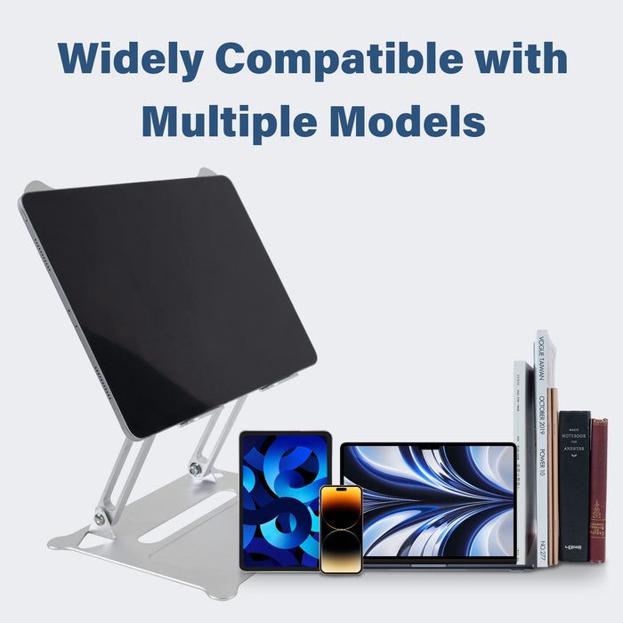SenseAGE Laptop Stand displaying its versatility by holding different laptop models, emphasizing its broad compatibility with multiple devices.