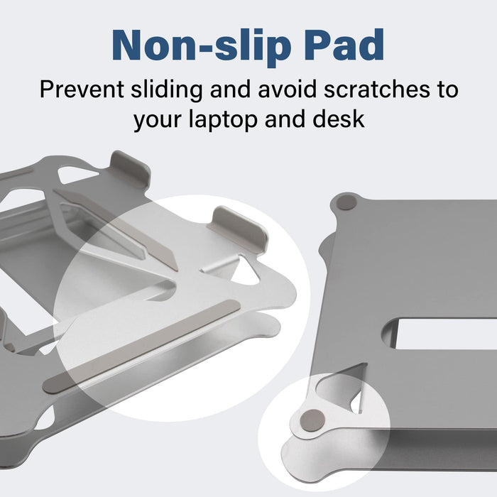 Close-up view of the SenseAGE Aluminum Laptop Stand's non-slip pad, ensuring stability and grip for laptops placed on it.