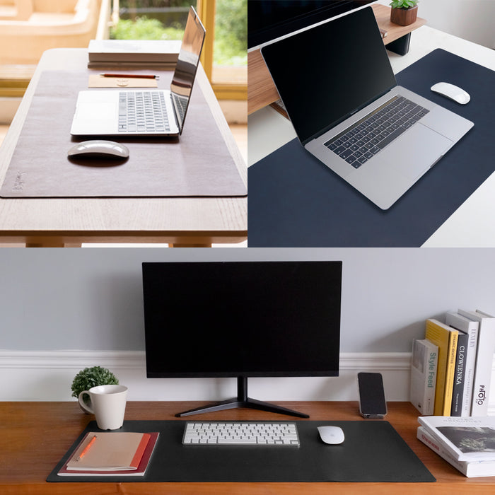 Brown, Navy, and Black leather desk pad under natural lighting, accentuating the rich color and elegant texture of the PU eather.